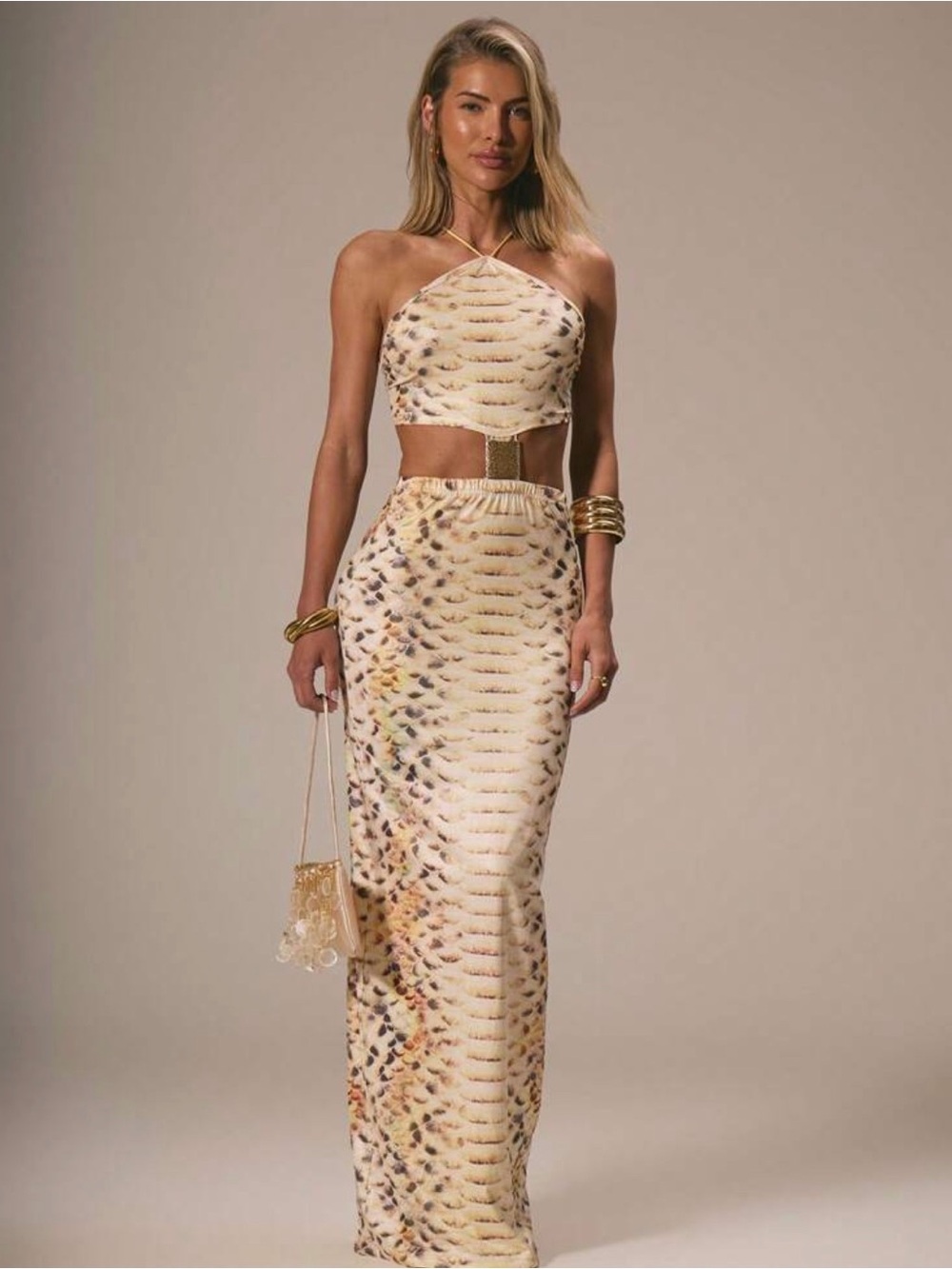 Fashion Nova Cream Snake-Print Maxi Skirt Set